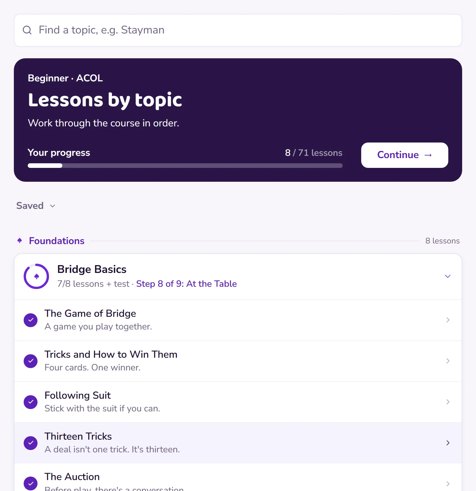 The Beginner course in the app: topics in order, each with its lessons and progress