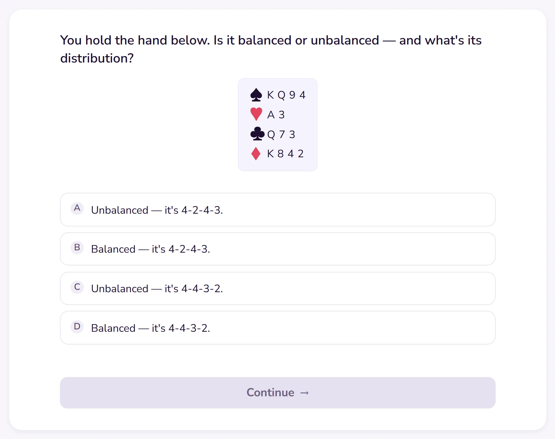 A lesson card in the app with an example hand: is it balanced, and what is its shape?