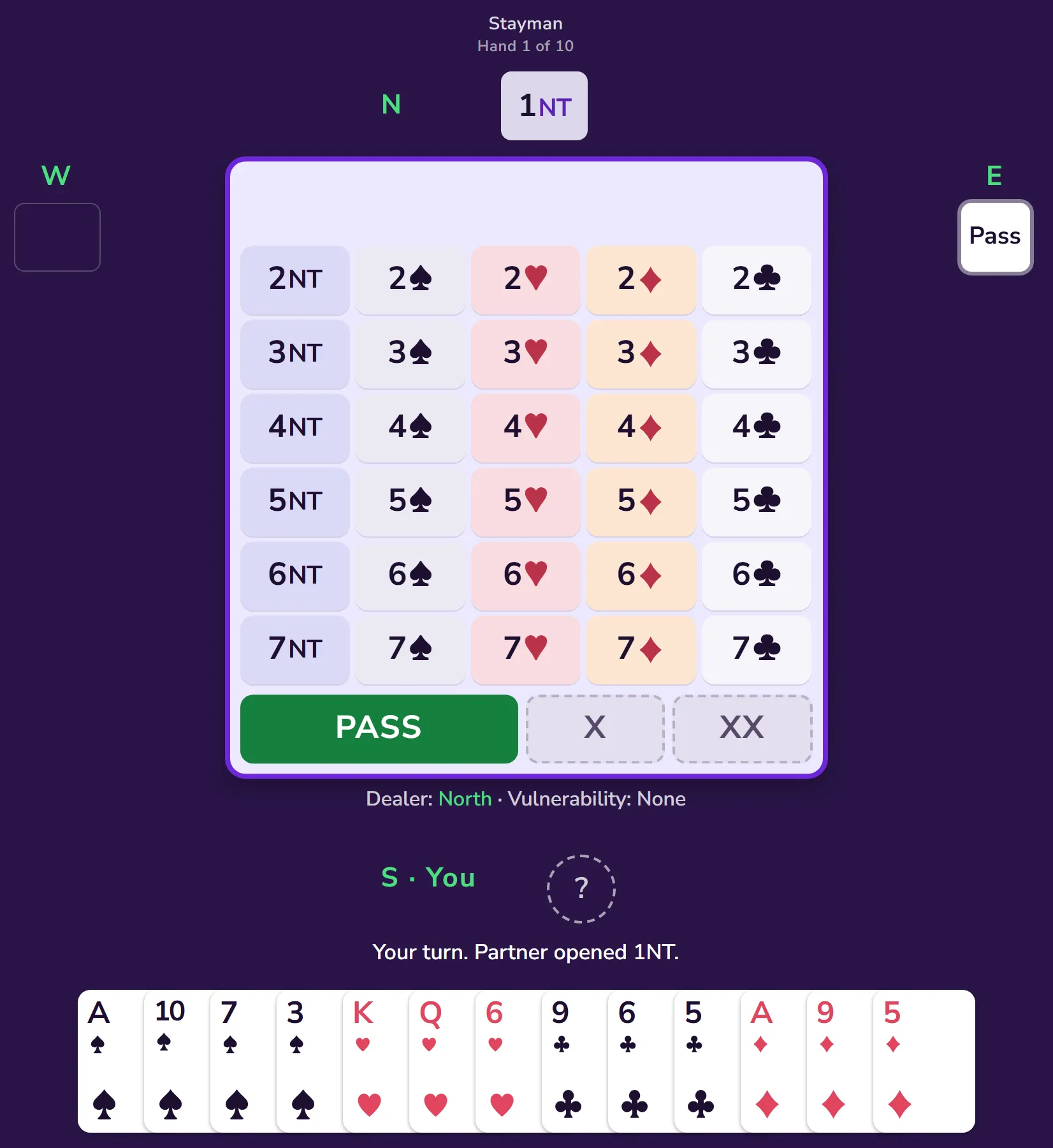 A Stayman question in the app: partner has opened 1NT, here is your hand, what is your bid?